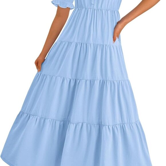 Dresses & Skirts - Women's Summer Casual Short Sleeve V Neck Midi Dresses 2025 Spring A-line Tiered